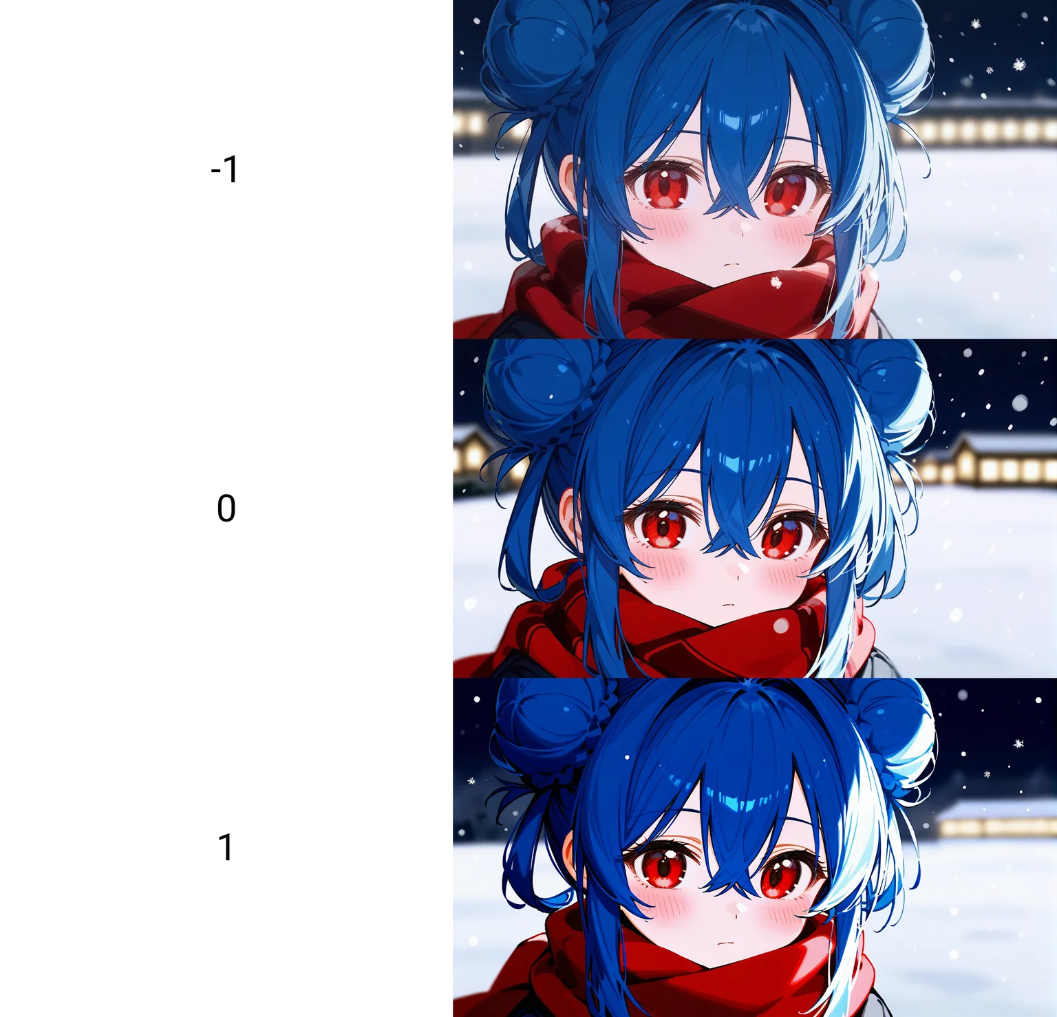 1girl,
rating safe, solo, outdoors, solo focus, close-up, hair bun, red scarf, hair between eyes, double bun, night, closed mouth, blue hair, red eyes, snowing, scarf, sidelocks, blush, pov, winter
<lora:pony-contrast+saturation_adjust-mki:-1>