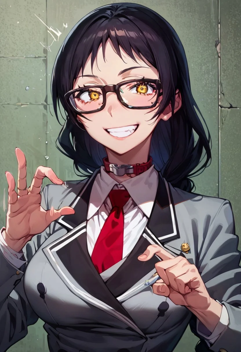 score_9, score_8_up, score_7_up, source_anime, shiny body, ayame_kajou, 1girl, glasses, solo, black hair, braid, long hair, yellow eyes, smile, school uniform, red necktie, blazer, skirt, collar, white shirt, <lora:Ayame_Kajou:1>, large breasts, happy, grin, sex gesture, simple back ground, motion lines