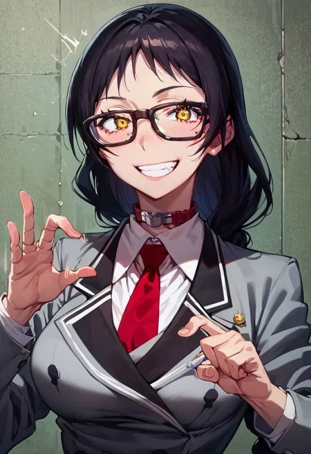 score_9, score_8_up, score_7_up, source_anime, shiny body, ayame_kajou, 1girl, glasses, solo, black hair, braid, long hair, yellow eyes, smile, school uniform, red necktie, blazer, skirt, collar, white shirt, <lora:Ayame_Kajou:1>, large breasts, happy, grin, sex gesture, simple back ground, motion lines