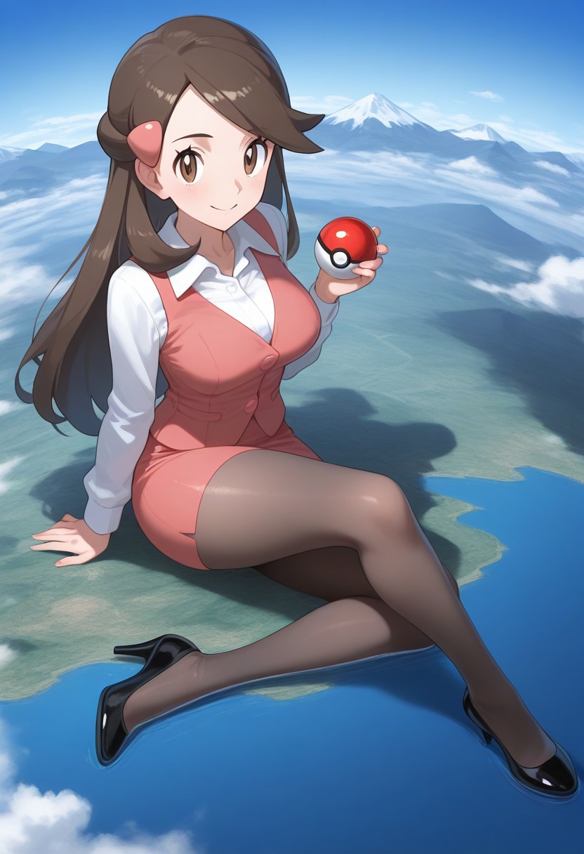 2d, masterpiece, best quality, amazing quality, highres, absurdres, newest, 1girl, solo, sitting, yokozuwari, from above, dutch angle, looking at viewer, day, sky, medium breasts, olbw, office worker \(pokemon\), office lady, brown eyes, long hair, brown hair, hair ornament, pink vest, white shirt, collared shirt, long sleeves, pink skirt, pencil skirt, black pantyhose, high heels, black footwear,tall,adult,holding pokeball,smile,
giantess,giga size,landscape,cloud,mountain,liver,sea,