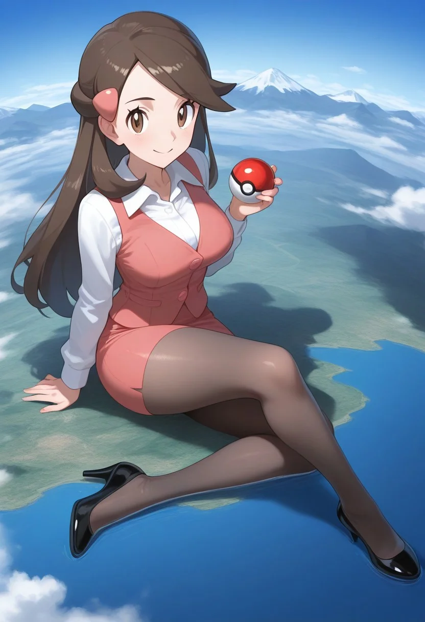 2d, masterpiece, best quality, amazing quality, highres, absurdres, newest, 1girl, solo, sitting, yokozuwari, from above, dutch angle, looking at viewer, day, sky, medium breasts, olbw, office worker \(pokemon\), office lady, brown eyes, long hair, brown hair, hair ornament, pink vest, white shirt, collared shirt, long sleeves, pink skirt, pencil skirt, black pantyhose, high heels, black footwear,tall,adult,holding pokeball,smile,
giantess,giga size,landscape,cloud,mountain,liver,sea,