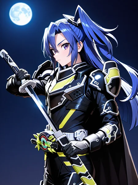 masterpiece, best quality, amazing quality, very aesthetic, absurdres, newest, kazanari tsubasa, one side up, 1girl <lora:BujinTycoon:1>bujintycoon, male focus, solo, armor, weapon, sword, holding, belt, cape, holding weapon, tokusatsu, rider belt, , holding sword night full moon, from side, looking at viewer, unsheathing,