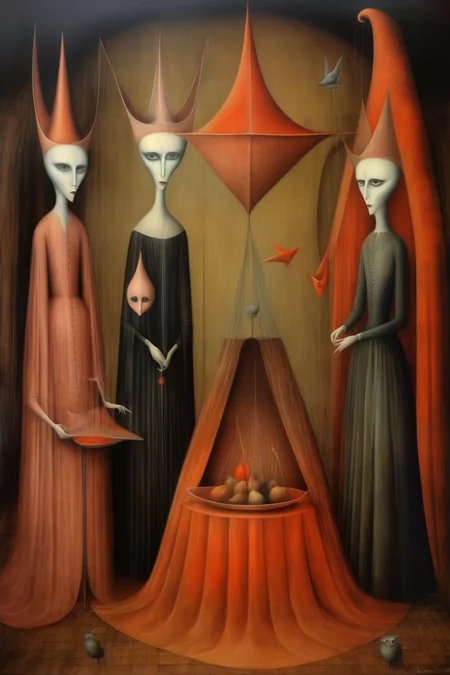 <lora:Leonora Carrington Style:1>Leonora Carrington Style - Leonora Carrington, Remedios Varo and Maria Izquierdo Surrealism Painting Surrealism Picasso Painting