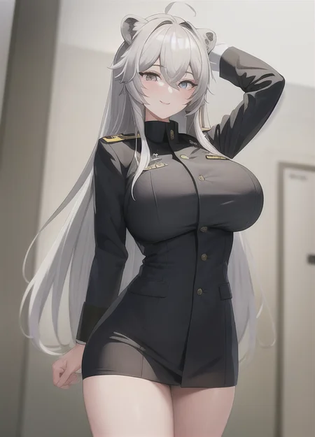 (masterpiece:1.3), (absurdres:1.3), (best quality:1.3), (ultra-detailed:1.3),(best shadow:0.7), (handled hair), ,perfect anatomy, 1girl, solo, united states army, military, soldier, sergeant, military uniform, camouflage, Army, M4, assault rifle, <lora:shishiroBotan_v10:0.6>, botan, silver hair, silver eyes, long hair, lion ears, very long hair, bangs, hair between eyes, large breasts, military base, smile,