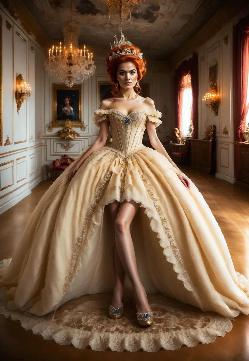 score_9, score_8_up, score_7_up, rating_safe, Fixhand,
concept art, realistic, dark theme, low light, dvr-gs.
1girl, solo.
Ginger hair, Blue eyes. ((Long legs:1.5))
CrinolineDress. ((CageSkirt:1.2)),