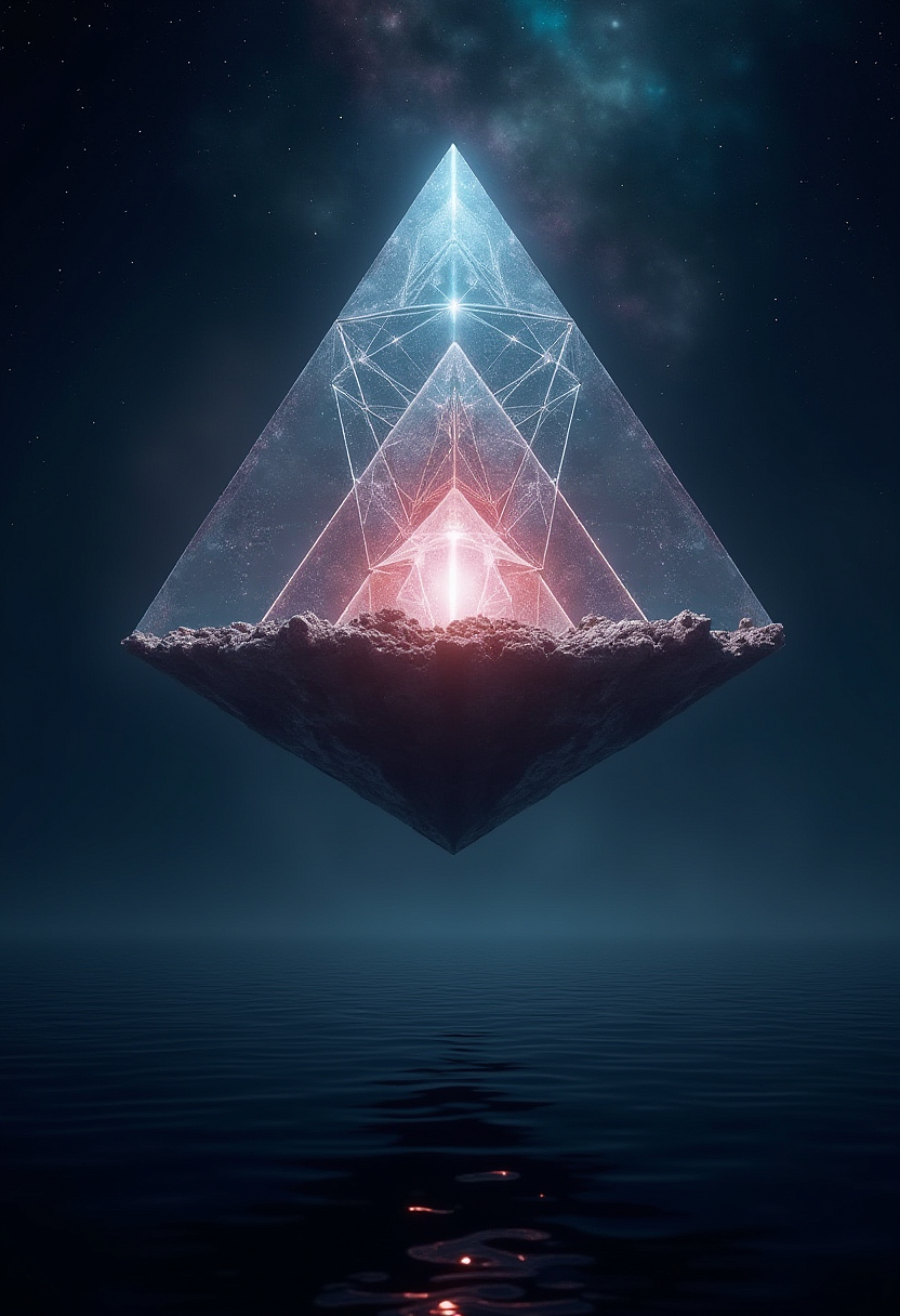 A floating crystal pyramid with a glowing core, suspended above a dark and mysterious ocean. The crystal is transparent, with intricate geometric patterns and pulsing light coming from the core. Below, the ocean is calm but unnaturally black, reflecting the pyramid's light. The sky above is filled with swirling cosmic colors and distant stars. The entire scene is ethereal and otherworldly, blending science fiction and fantasy in a mystical setting.