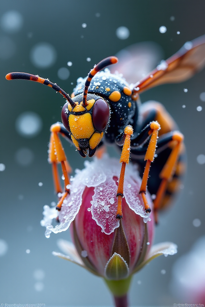 Capture a dramatic macro photograph of a giant Asian wasp perched on a frosty flower during a snowfall. The waspâs robust body is covered in a dusting of fine snowflakes and shimmering ice crystals, accentuating the rich orange and black patterns on its exoskeleton. Its powerful wings are partially frozen, catching the diffused, cool light and reflecting subtle highlights, while the textured details of its antennae and segmented legs gripping the icy flower are vividly rendered. Snowflakes are captured mid-air, some tumbling and others settled on the wasp and flower, adding a dynamic energy to the scene.
The frosty flower, with hints of its vibrant color peeking through a delicate layer of ice, provides an intricate backdrop, showcasing veins and textures illuminated by soft lighting. The background fades into blurred tones of muted whites and pale blues, evoking a calm and cold winter atmosphere. The lighting is natural and diffused, highlighting the frosty textures and creating subtle contrasts on the waspâs bold patterns. This composition emphasizes the waspâs formidable presence against the serene yet harsh beauty of a snow-covered environment, blending intricate detail with dramatic stillness.<lora:Sinfully_Stylish_.02_for_FLUX:1>âââ