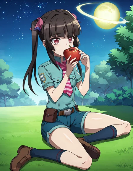 score_9, score_8_up, score_7_up, score_6_up,, score_5_up, BREAK, source_anime, anime screencap, uniform, shirabe, navy shorts, striped tie, pigtails, navy socks, brown shoes, eating a apple, holding apple, apple garden, sitting on ground, looking up, leaning back, arm support, night, starry sky, moon, <lora:AXZ-Shirabe:0.9>