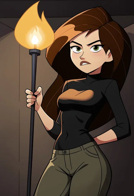 mangamaster, kim possible, black skintight shirt, cargo pants, dark room, holding torch, torch on, from slight angle, solo, slightly frightened,