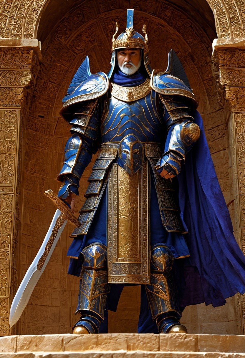 A majestic Persian Achaemenid warrior standing tall on a battlefield, wearing intricate armor crafted from gold and bronze. His helmet, featuring a flared design with winged details and a crest, reflects the grandeur of ancient Persia. His armor is decorated with detailed engravings of Persian motifs, including lions and intricate geometric patterns. He holds a large round shield embossed with the image of the Persian king and a curved sword in his right hand. His regal cloak, rich in royal blue and purple, flows behind him in the wind. His stern face, framed by a well-groomed beard, exudes confidence and strength. In the background, the ruins of a grand Persian city, with towering columns and elaborate architecture, stand beneath a dramatic sky. The color palette is rich with golds, deep blues, and earth tones, conveying a sense of ancient Persian power, nobility, and battle readiness.
, moody light, by H.R Giger, 4k resolution digital art trending on Artstation and unreal engine 5, hyperrealism, full body shot, glowing eyes, cinematic, epic, masterpiece, surreal, fantasycore, hyperdetailed, ultra realistic, octane render, volumetric lighting, depth of field, bokeh, 8 <lora:Details:0.85>