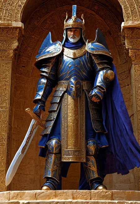 A majestic Persian Achaemenid warrior standing tall on a battlefield, wearing intricate armor crafted from gold and bronze. His helmet, featuring a flared design with winged details and a crest, reflects the grandeur of ancient Persia. His armor is decorated with detailed engravings of Persian motifs, including lions and intricate geometric patterns. He holds a large round shield embossed with the image of the Persian king and a curved sword in his right hand. His regal cloak, rich in royal blue and purple, flows behind him in the wind. His stern face, framed by a well-groomed beard, exudes confidence and strength. In the background, the ruins of a grand Persian city, with towering columns and elaborate architecture, stand beneath a dramatic sky. The color palette is rich with golds, deep blues, and earth tones, conveying a sense of ancient Persian power, nobility, and battle readiness.
, moody light, by H.R Giger, 4k resolution digital art trending on Artstation and unreal engine 5, hyperrealism, full body shot, glowing eyes, cinematic, epic, masterpiece, surreal, fantasycore, hyperdetailed, ultra realistic, octane render, volumetric lighting, depth of field, bokeh, 8 <lora:Details:0.85>