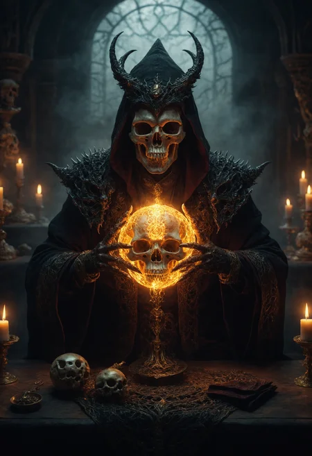 quality, intricate details, Mystical light. Fog. The mage's appearance: evil and mystical, with spiky robes that seem made of black cloth with golden stitches. a ball in one hand and mysterious beast skull in another hand, Rubies, symbolizing their magical power. Glow. a dark evil gaze that hints at their ancient knowledge and mystical prowess. alchemical laboratory, blending the natural with the magical, Soft natural lighting, High Definition HD, High Detail, Perfect Composition, dark fantasy movie
