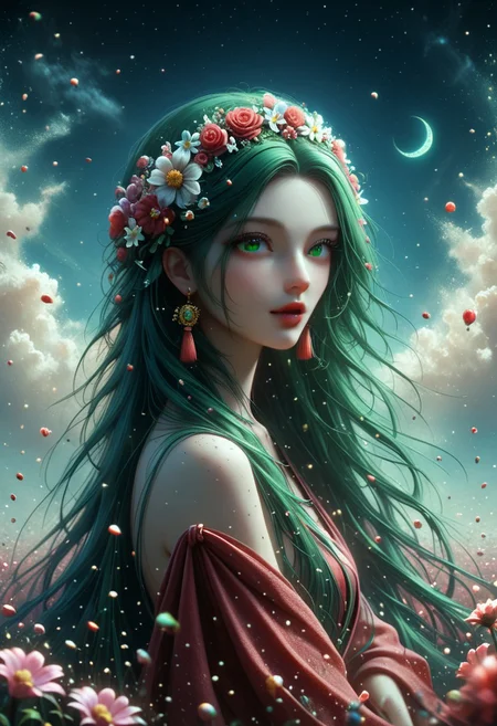 score_9, score_8_up, score_8_up,  female, hight quality, best art, detailed , good quality, rendered details. Adorable.  Hight resolution. perfect.  Slim figure, estetic, Erotic Girl,  long hairs, flower on head, ((ancient jewellery)), ((tatooed left part face)), ((diferent eyes: left eye blind and right eye is luminous red)), ((singing)), ((She Cast black magic spheres)), ((mgic shadow form round girl)), ((Ghosts figures fly over)), (( flower field)) ((Black Space air style, Giant  light green moon and behind  red planet, bring stars shine))