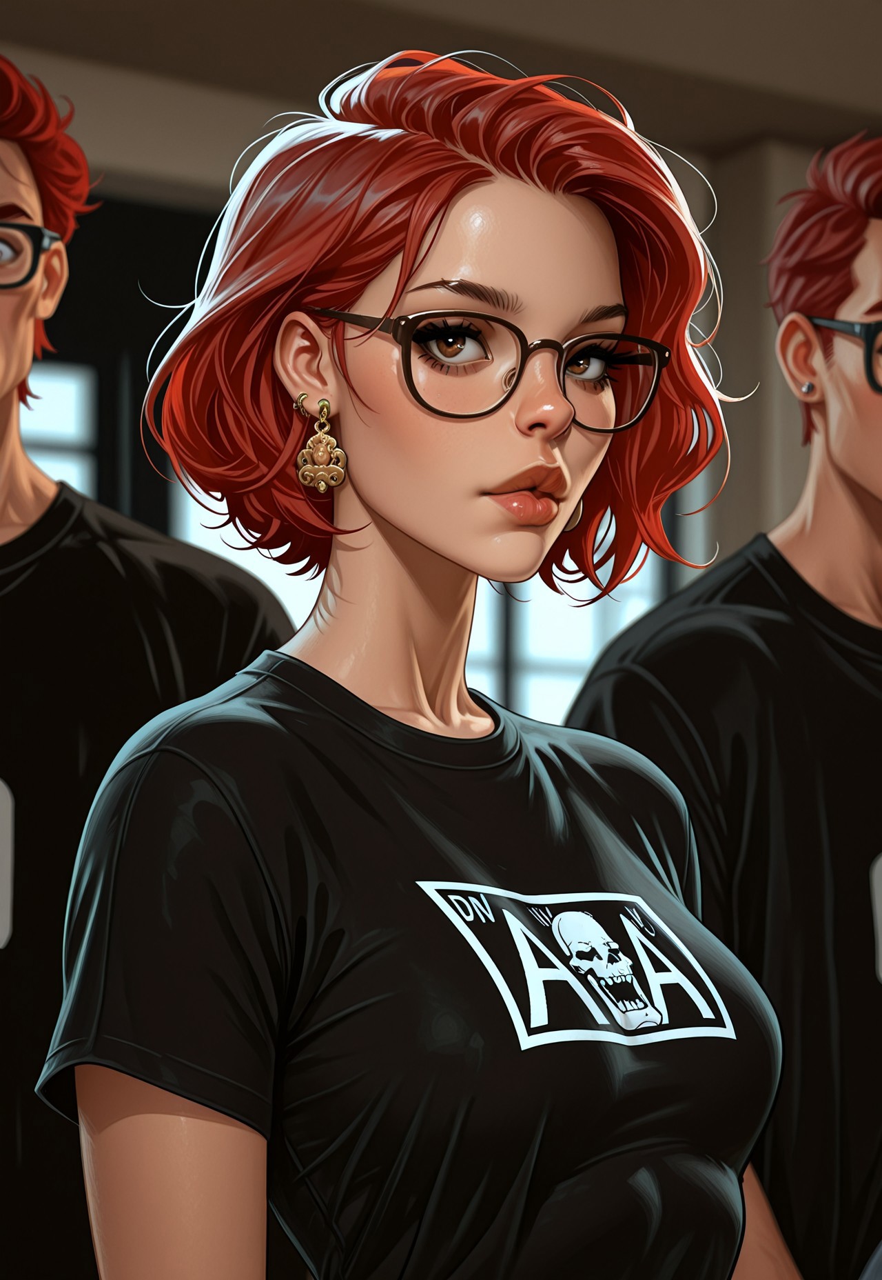 masterpiece, best quality, absurdres, very aesthetic, D3ND3N, earrings, jewelry, 1girl, red hair, glasses, solo focus, short hair, blurry, shirt, upper body, blurry background, lips, 1boy, brown eyes, black shirt, t-shirt