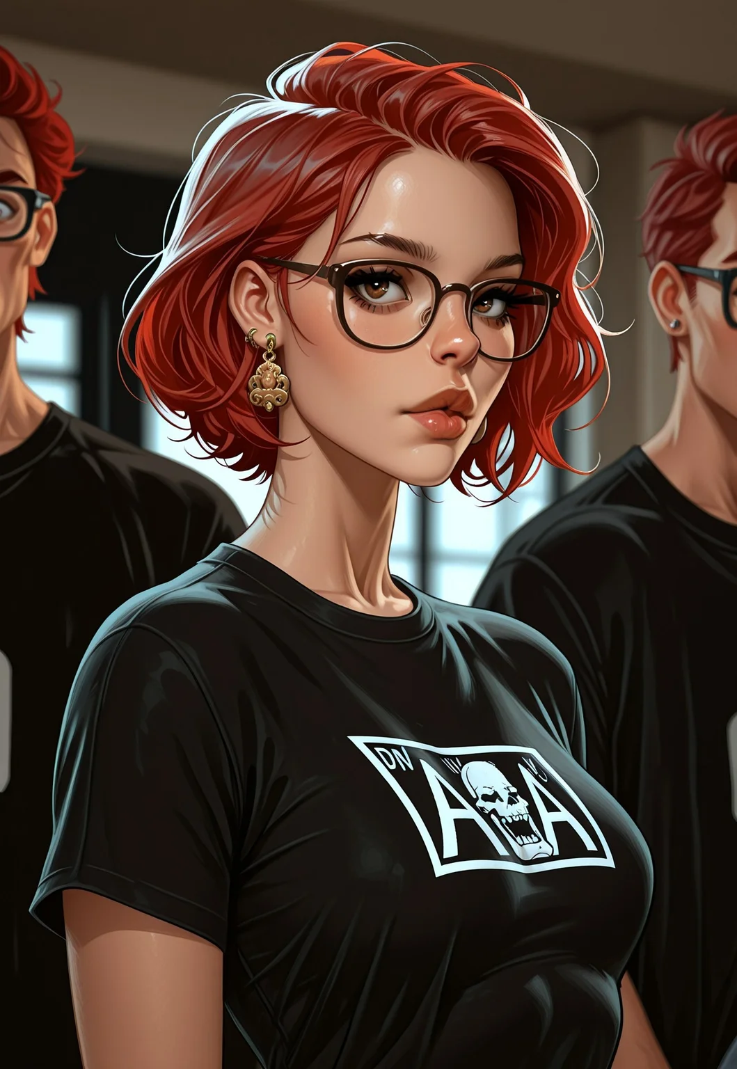 masterpiece, best quality, absurdres, very aesthetic, D3ND3N, earrings, jewelry, 1girl, red hair, glasses, solo focus, short hair, blurry, shirt, upper body, blurry background, lips, 1boy, brown eyes, black shirt, t-shirt