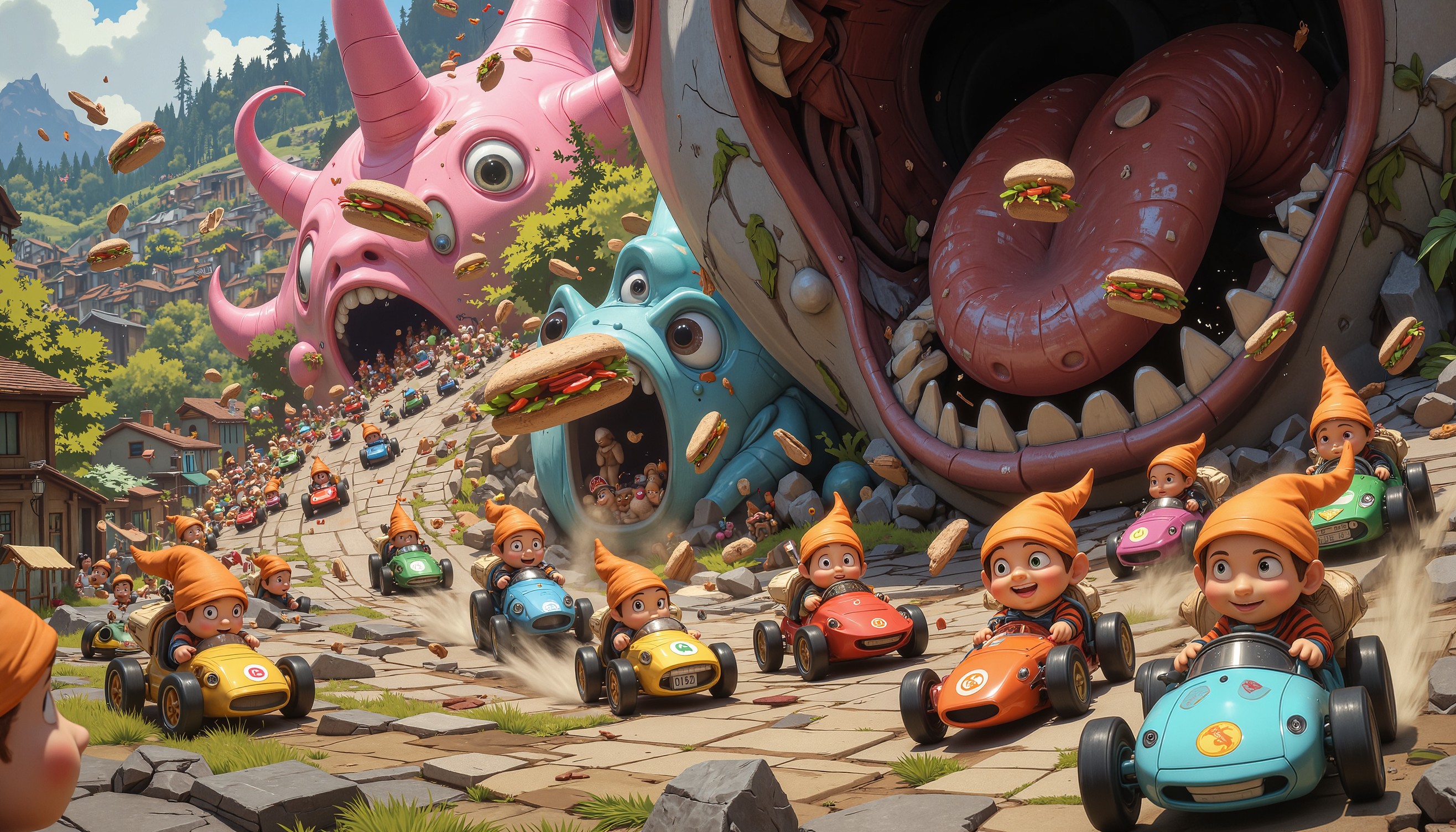A chaotic yet whimsical scene unfolds as a thousand toy cars, each piloted by tiny gnomes in matching bright orange caps and striped shirts, zip past a gargantuan, pinkish-gray blob with an enormous maw that stretches across the landscape like a yawning chasm. The camera is positioned at a high-angle perspective, offering a bird's-eye view of the frenetic scene. The toy cars, each adorned with vibrant stickers depicting various cartoon characters or symbols, speed by in rapid succession as they carry offerings of sandwiches to the gargantuan blob. These sandwiches, ranging from neatly wrapped subs to messy finger foods, are carelessly tossed into the gaping mouth of the blob with precision and haste, as if feeding a perpetual hunger that never satiates. The gnomes at the wheel display a mix of urgency and playful abandon as they navigate their miniature vehicles through winding paths and tiny obstacles scattered across the ground. Their bright orange caps and matching striped shirts stand out against the duller tones of the landscape, adding a pop of color to an otherwise surreal scene. Behind the gnomes, a blurred expanse of what appears to be a suburban neighborhood stretches into the distance. Houses with tidy lawns and windows with curtains fluttering in the breeze are dwarfed by the enormous blob, whose very presence warps reality on a grand scale. As the toys cars zip past, they create tiny whirlwinds in their wake, lifting dust and debris off the ground. The air is filled with the sounds of revving engines, screeching tires, and the distant hum of the giant blob's constant hunger. Despite the chaos, there's an odd sense of harmony to this scene - a testament to the gnomes' dedication to their peculiar task and the blob's insatiable need for sustenance. The mood is light-hearted yet slightly unsettling, with an undertone of perpetual motion that underscores the absurdity of it all. The visual style could be reminiscent of classic children's cartoons mixed with elements of surrealism, emphasizing the fantastical nature of this bizarre world.