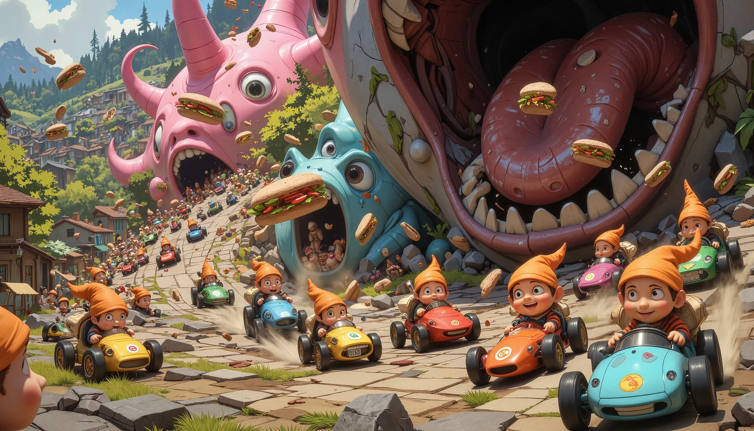 A chaotic yet whimsical scene unfolds as a thousand toy cars, each piloted by tiny gnomes in matching bright orange caps and striped shirts, zip past a gargantuan, pinkish-gray blob with an enormous maw that stretches across the landscape like a yawning chasm. The camera is positioned at a high-angle perspective, offering a bird's-eye view of the frenetic scene. The toy cars, each adorned with vibrant stickers depicting various cartoon characters or symbols, speed by in rapid succession as they carry offerings of sandwiches to the gargantuan blob. These sandwiches, ranging from neatly wrapped subs to messy finger foods, are carelessly tossed into the gaping mouth of the blob with precision and haste, as if feeding a perpetual hunger that never satiates. The gnomes at the wheel display a mix of urgency and playful abandon as they navigate their miniature vehicles through winding paths and tiny obstacles scattered across the ground. Their bright orange caps and matching striped shirts stand out against the duller tones of the landscape, adding a pop of color to an otherwise surreal scene. Behind the gnomes, a blurred expanse of what appears to be a suburban neighborhood stretches into the distance. Houses with tidy lawns and windows with curtains fluttering in the breeze are dwarfed by the enormous blob, whose very presence warps reality on a grand scale. As the toys cars zip past, they create tiny whirlwinds in their wake, lifting dust and debris off the ground. The air is filled with the sounds of revving engines, screeching tires, and the distant hum of the giant blob's constant hunger. Despite the chaos, there's an odd sense of harmony to this scene - a testament to the gnomes' dedication to their peculiar task and the blob's insatiable need for sustenance. The mood is light-hearted yet slightly unsettling, with an undertone of perpetual motion that underscores the absurdity of it all. The visual style could be reminiscent of classic children's cartoons mixed with elements of surrealism, emphasizing the fantastical nature of this bizarre world.