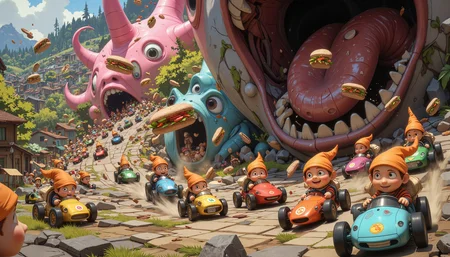 A chaotic yet whimsical scene unfolds as a thousand toy cars, each piloted by tiny gnomes in matching bright orange caps and striped shirts, zip past a gargantuan, pinkish-gray blob with an enormous maw that stretches across the landscape like a yawning chasm. The camera is positioned at a high-angle perspective, offering a bird's-eye view of the frenetic scene. The toy cars, each adorned with vibrant stickers depicting various cartoon characters or symbols, speed by in rapid succession as they carry offerings of sandwiches to the gargantuan blob. These sandwiches, ranging from neatly wrapped subs to messy finger foods, are carelessly tossed into the gaping mouth of the blob with precision and haste, as if feeding a perpetual hunger that never satiates. The gnomes at the wheel display a mix of urgency and playful abandon as they navigate their miniature vehicles through winding paths and tiny obstacles scattered across the ground. Their bright orange caps and matching striped shirts stand out against the duller tones of the landscape, adding a pop of color to an otherwise surreal scene. Behind the gnomes, a blurred expanse of what appears to be a suburban neighborhood stretches into the distance. Houses with tidy lawns and windows with curtains fluttering in the breeze are dwarfed by the enormous blob, whose very presence warps reality on a grand scale. As the toys cars zip past, they create tiny whirlwinds in their wake, lifting dust and debris off the ground. The air is filled with the sounds of revving engines, screeching tires, and the distant hum of the giant blob's constant hunger. Despite the chaos, there's an odd sense of harmony to this scene - a testament to the gnomes' dedication to their peculiar task and the blob's insatiable need for sustenance. The mood is light-hearted yet slightly unsettling, with an undertone of perpetual motion that underscores the absurdity of it all. The visual style could be reminiscent of classic children's cartoons mixed with elements of surrealism, emphasizing the fantastical nature of this bizarre world.