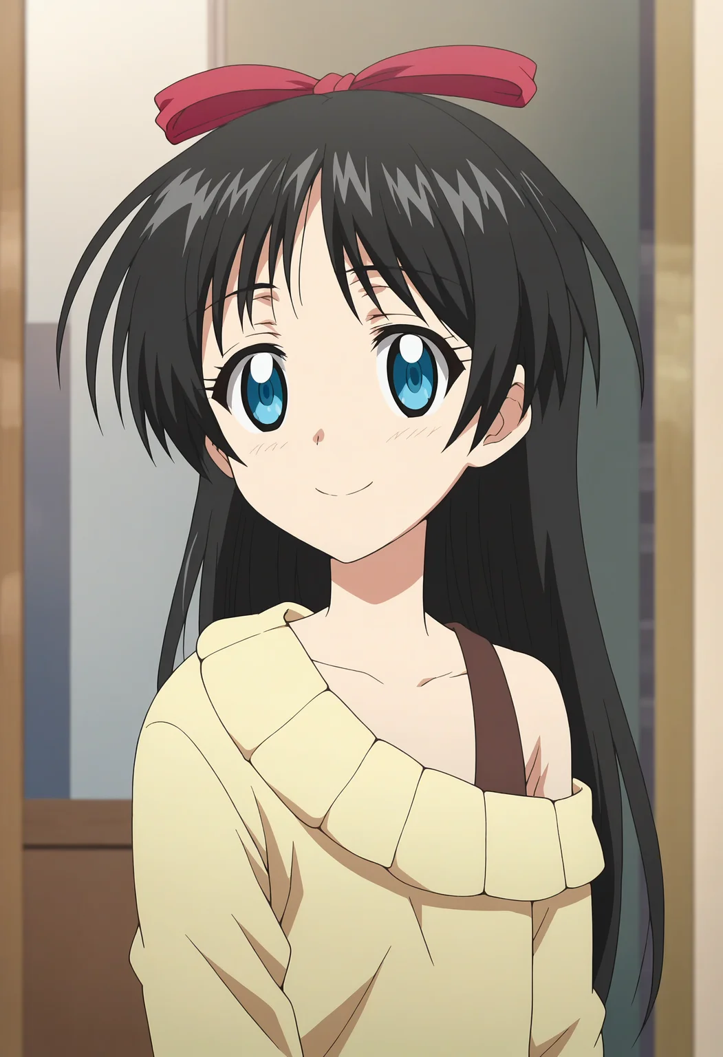 score_9, score_8_up, score_7_up, score_6_up, score_5_up, score_4_up , anime coloring ,BREAK source_anime, anime,screencap,
1boy, solo, kotaroua, hair ribbon, brown shoulder strap, single shoulder strap, off-shoulder sweater, sweater dress, <lora:PonyXL Koutarou Araki V1:1>
indoors,upper body,
smile, looking at viewer,