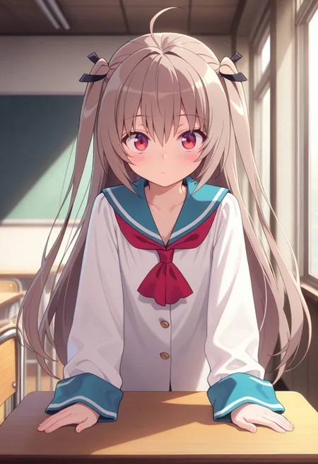 masterpiece,best quality,amazing quality, atri, long hair, brown hair, red eyes, 1girl, solo, ahoge, school uniform, hair ribbon, black ribbon, ribbon, two side up, looking at viewer, serafuku, sailor collar, blue sailor collar, long sleeves