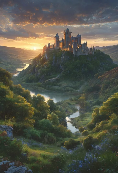 A captivating night scene illustration featuring a beautiful castle on a large  hill overlooking a lake in Wales.   The castle is ancient but well maintained and updated and comfortable to live in.  This enchanting artwork captures a serene and peaceful early morning, where the sun is just starting to rise over the beautiful hills and castle which   stands resolute amidst hills of Wales, creating a cinematic experience., illustration, cinematic
<lora:DonM3t3rn1tyXL-v1.1:0.7>, DonM3t3rn1tyXL,
OverallDetailXL  <lora:MJ52:0.3>  <lora:SDXLFaeTastic2400:0.4>  <lora:EpicF4nta5yXL:0.7>