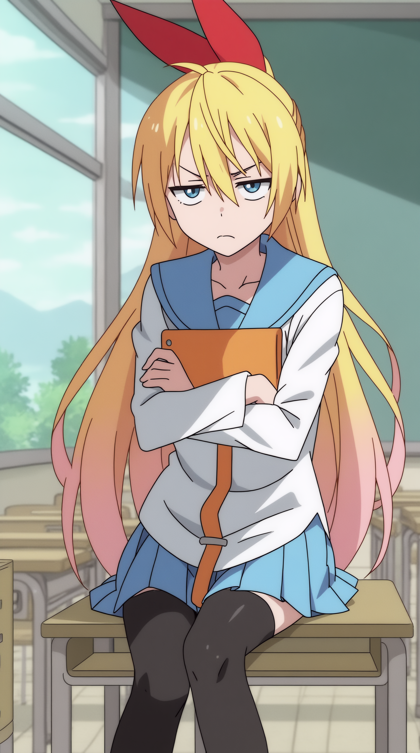score_9, score_8_up, score_7_up,anime_source, source_anime, best background, detailed background, anime screencap, 4k, upscale,  Chitoge Kirisaki, Main Outfit, solo, sitting, desk, classroom, school desk, bored, indoors,  <lora:JN_Chitoge_Kirisaki_Pony:0.8>