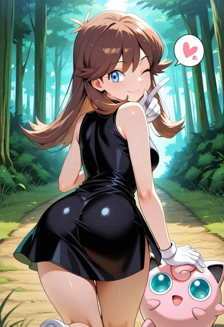 masterpiece, best quality, amazing quality, Blue_PokeSpe, blue eyes, brown hair, black dress, white gloves, solo, 1girl, wink, one eye closed, looking at viewer, half smile, spoken heart, from behind, running away, Jigglypuff, Pokemon, outdoors, forest, grass, looking back,