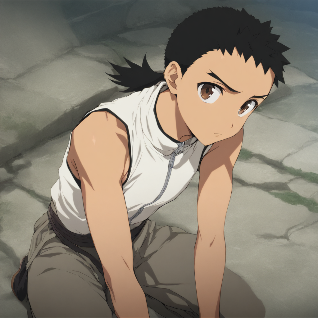 solo,looking at viewer,masterpiece,high score,great score,absurdres,<lora:Kenshi_Masaki ag4o v1:1> 1boy, kenshi_masaki, black hair, ponytail, brown eyes,sleeveless,