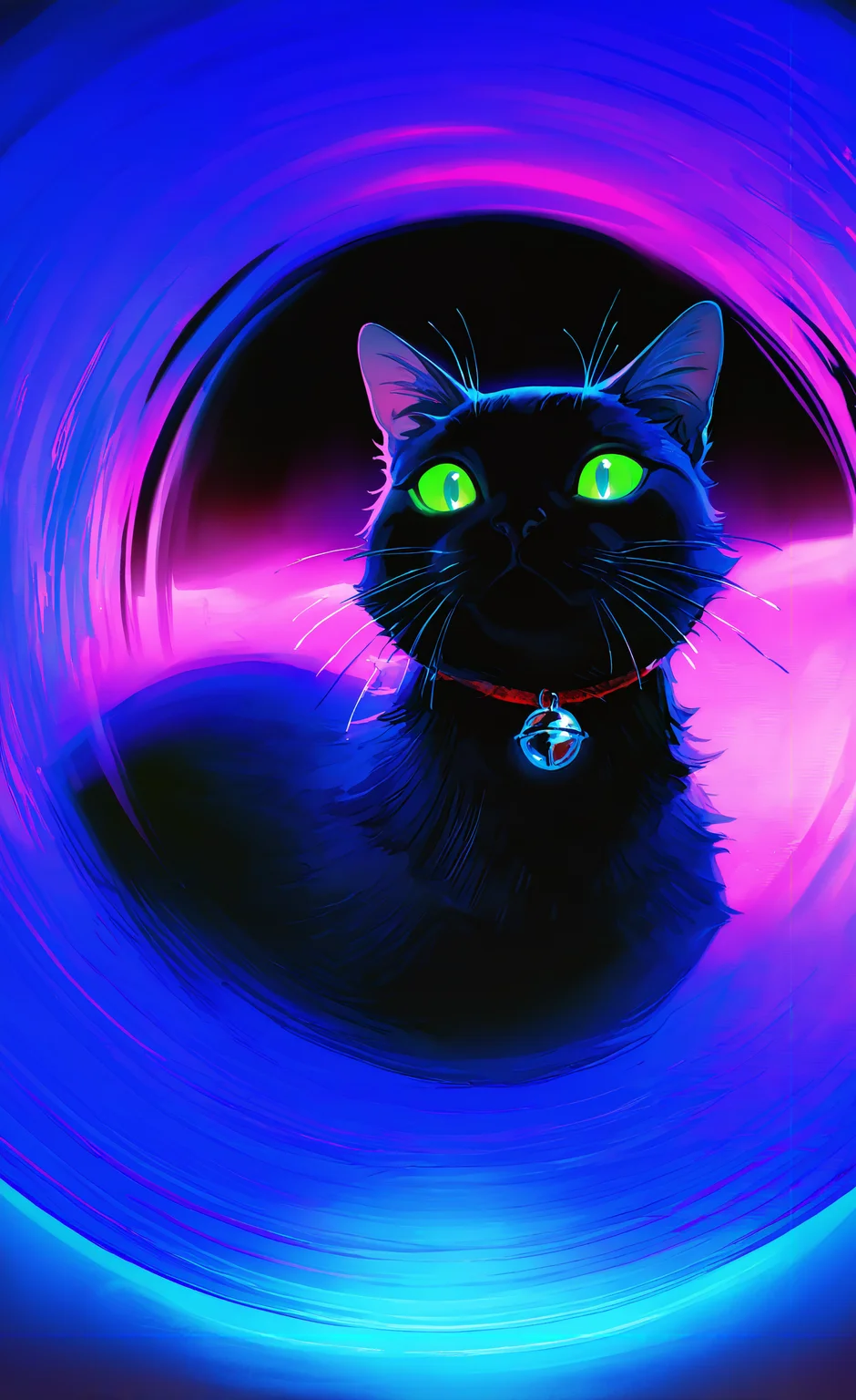 masterpiece, best quality, good quality, very awa, very aesthetic, absurdres, newest, looking at viewer, green eyes, Bell necklace, no humans, black cat, cat focus, whiskers, Glowing space wormhole <lora:ponyv6_noobV1_2_adamW-000017:0.7> <lora:MeMaXL4:0.6> <lora:Lofi_style:0.4>
