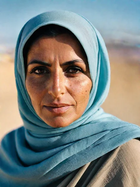 a 45yr old Arab women, (blue sky|temperate desert) background, RAW photo, editorial photograph, film stock photograph, cinematic, (skeptical), Intricate, Freckles, soft focus. 8k, highly detailed, detailed skin texture, natural skin texture, detailed cloth texture, perfect eyes, detailed eyes, (high quality, best quality:1.3), Extremely high-resolution, amateur photo, Fujifilm Superia Premium 400, Nikon D850 film stock photograph Kodak Portra 400 camera f1.6 lens, 8k, UHD