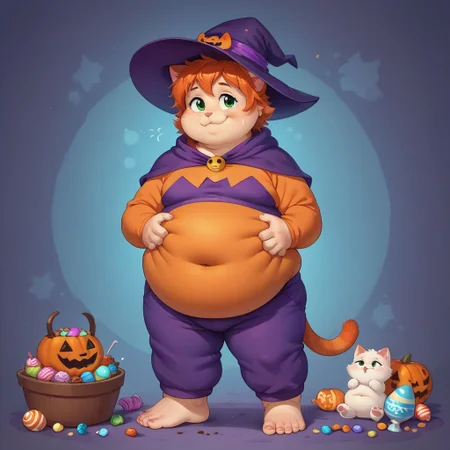 score_9, score_8_up, score_7_up, source_anime, candy everywhere, eating chocolate, white skin, standing in a pile of candy, full of candy, floating candy, magic, hands in belly, freckles, cat ears, cat tail, cat paws, orage fur, furry anthro, halloween candy, easter chocolate, 1girl, covered in chocolate, wearing witch costume, wearing purple sweatpants, witch hat, fat thights, barefoot, soles, face covered in chocolate, fat, belly overhang, happy mood, happy expression, smile, ginger hair, fat arms, fat legs, double chin, green eyes, fat chest, messy hair, tired, halloween theme, chibfurri, five toes, cub.