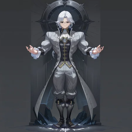 score_9, score_8_up, score_7_up, score_6_up, score_5_up, score_4_up, high quality, (handsome), (detailed eyes), (detailed face), full body, ((perfect face)), master piece, best high quality, ultra details, intricate details, male focus, detailed body, detailed background, perfect anatomy, masterpiece, high quality, best quality, amazing quality, very aesthetic,, absurdres, ((husk form)), shattered photo frame, IDV_Joseph standing in the snow, dark atmosphere, cracked face, black eyes, long white hair, gray coat, Hyper muscles, veiny muscles, shredded muscles, extreme muscles