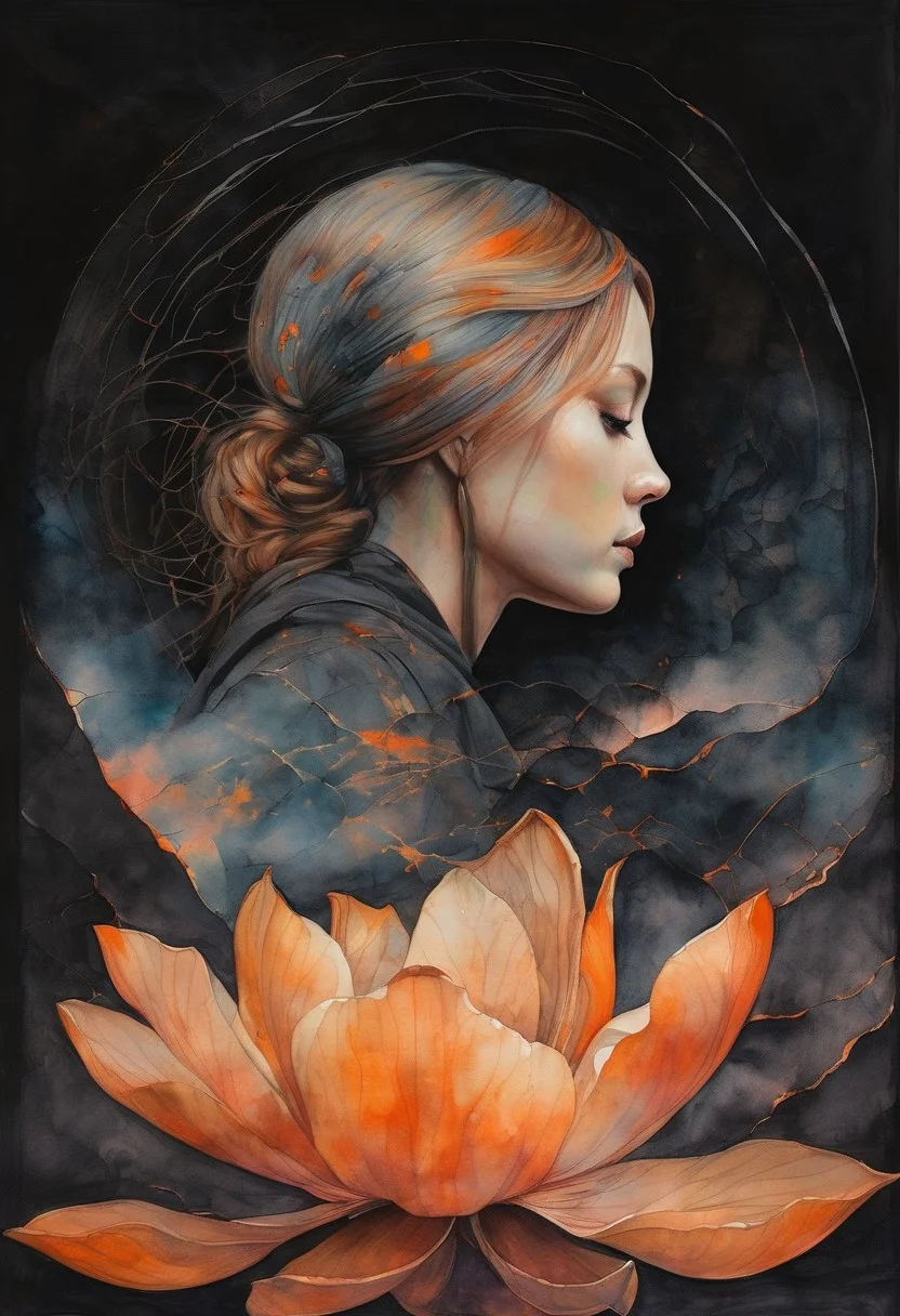 (masterpiece:1.4), best quality, watercolor, ink, oil and pencil, oil painting, dark black background, orange rising vapor circular graphics, faded depiction of duotone lotus petal fragment tattoo (profile (1girl), small waist, (long straight pastle cream pink hair), looking down:0.3), cracked skin, glitch art, dark art, digital artwork, illustrative, painterly, matte painting, The sun shines on the field in the background the mountains and the pond is transparent with ducks swimming