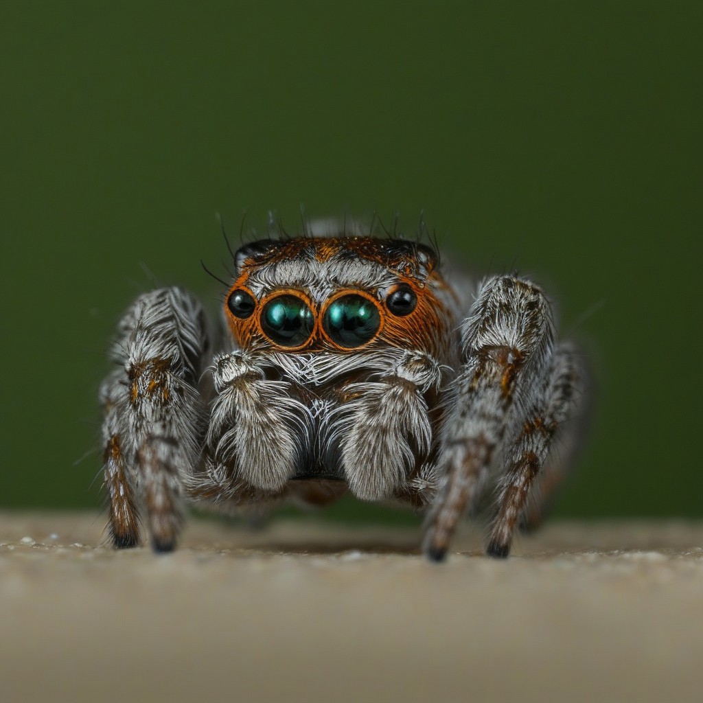 jumping spider, curious, grey and orange, looking at the distance, side view