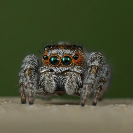 jumping spider, curious, grey and orange, looking at the distance, side view