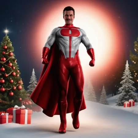Omniman1024, a man dressed as a superhero with a red cape, full body, smile, Santa's sleigh, christmas lights, christmas tree, christmas senery, gifts, smile, detailed eyes, highly detailed, photography, ultra sharp, film, bokeh, professional, 4k <lora:Omniman1024:0.8> <lora:add-detail-xl:2>