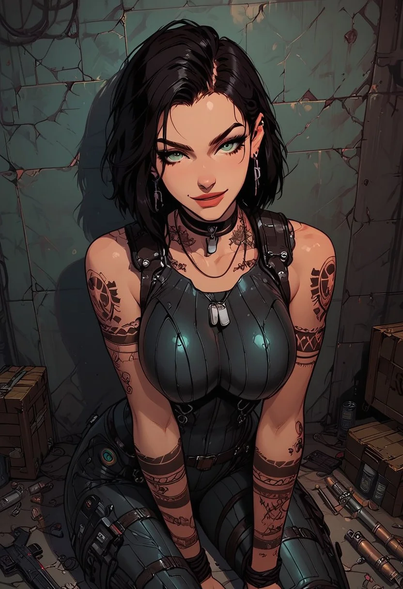 Score_9, Score8_up, Score_7_up, (((High Resolution, Best Quality))),
1girl, solo, toned arms, sleeveless, Covered in Tattoos, neck tattoos, hair tied up, black hair, green stripe in hair,
futuristic, futuristic armor, neon green lights on bodysuit, armored suit, body armor, armor, plated armor, revealing bodysuit, tight bodysuit, tactical, military gear, toxic canisters, toxic chemicals, poision vials,
large breasts, choker, dog tags, ear piece,
seducing, seductive, flirty, tender, loving, playful, looking at viewer, smug,
Sitting on ground, leaning against wall, relaxed, leaning back, arm resting on knees, arm on knee,
inside, Military, military base, military barracks, cots, crates, military boxes, guns, bullets, supplies, armory,
