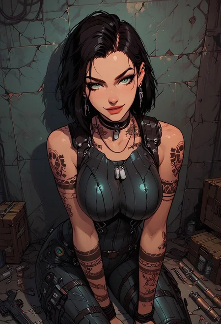 Score_9, Score8_up, Score_7_up, (((High Resolution, Best Quality))), 
1girl, solo, toned arms, sleeveless, Covered in Tattoos, neck tattoos, hair tied up, black hair, green stripe in hair,
futuristic, futuristic armor, neon green lights on bodysuit, armored suit, body armor, armor, plated armor, revealing bodysuit, tight bodysuit, tactical, military gear, toxic canisters, toxic chemicals, poision vials, 
large breasts, choker, dog tags, ear piece, 
seducing, seductive, flirty, tender, loving, playful, looking at viewer, smug, 
Sitting on ground, leaning against wall, relaxed, leaning back, arm resting on knees, arm on knee,
inside, Military, military base, military barracks, cots, crates, military boxes, guns, bullets, supplies, armory,