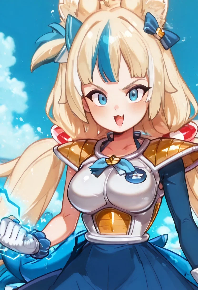 masterpiece, best quality, sameko saba, low twintails, animal ears, blue eyes, blonde hair, blue streaked hair, ribbon, blue hair bow, two-tone hair, lifebuoy hair ornament, fish tail, blue nails,
white saiyan armor, shoulder pads, blue skirt, long sleeves, blue sleeves, white gloves,
long hair, ribbon, smile, single wrist scrunchie, blue sky, brooch, large breasts ,,
skin fang, looking at viewer, open mouth, electricity, aura, clenched fists, anime screenshot,