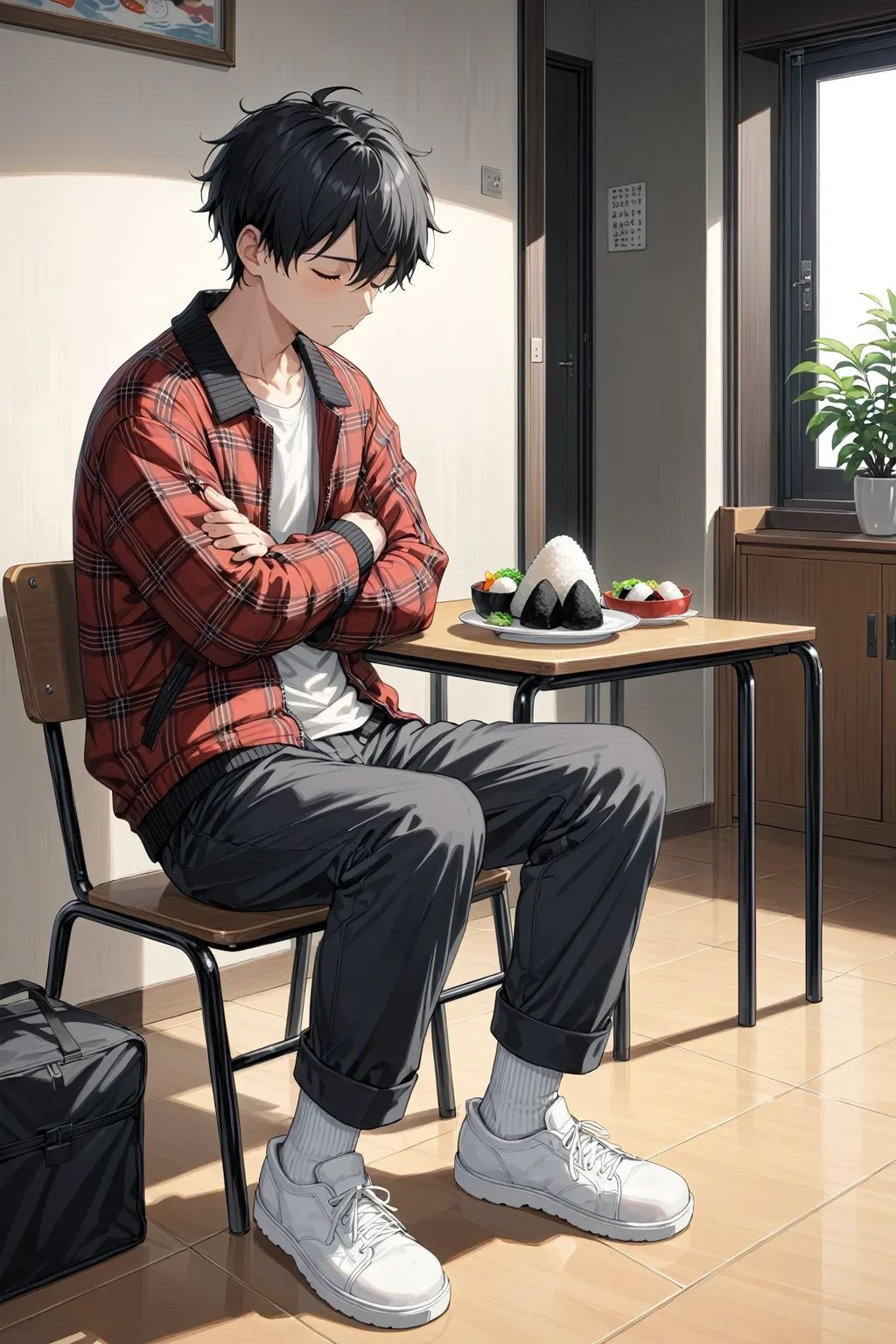 anime, 1boy, solo, black footwear, black hair, black pants, closed eyes, closed mouth, crossed arms, food, indoors, jacket, long sleeves, on chair, onigiri, pants, plaid, plaid jacket, red jacket, shoes, short hair, sitting, socks, white footwear, white socks, masterpiece, best quality