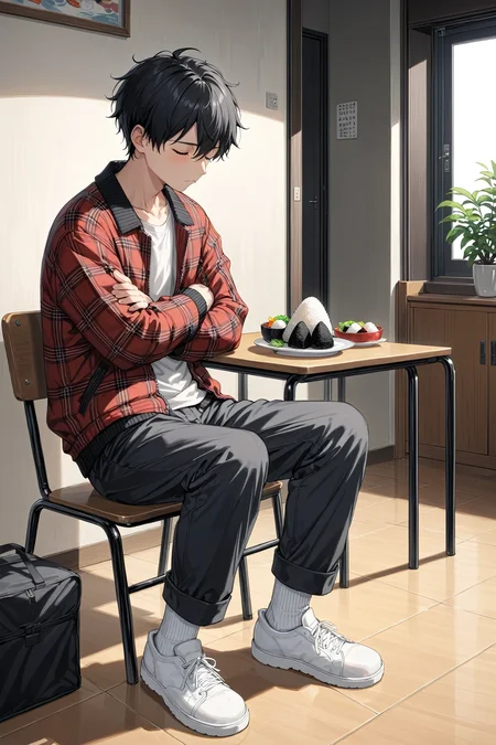 anime, 1boy, solo, black footwear, black hair, black pants, closed eyes, closed mouth, crossed arms, food, indoors, jacket, long sleeves, on chair, onigiri, pants, plaid, plaid jacket, red jacket, shoes, short hair, sitting, socks, white footwear, white socks, masterpiece, best quality