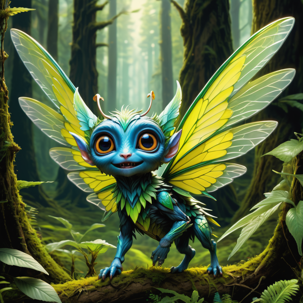 hyper detailed masterpiece, dynamic, awesome quality,pixie, tiny, mischievous humanoid creature, 1 to 2 feet tall, forests , playful, curious, delicate wings, flitting throught the air, fanatasy
