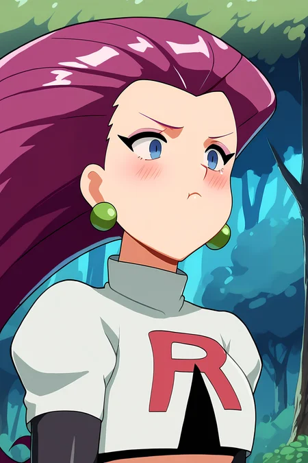 score_9, score_8_up, score_7_up, score_6_up, source_cartoon, BREAK, JessiePXL, blue eyes, purple hair, long hair, hair slicked back, earrings, team rocket, medium breasts, white crop top, elbow gloves, black gloves, white skirt, black thigh boots, upper body, forest, blush, pout, closed mouth <lora:MamakoPoutPXL:1> <lora:JessiePXL:1>