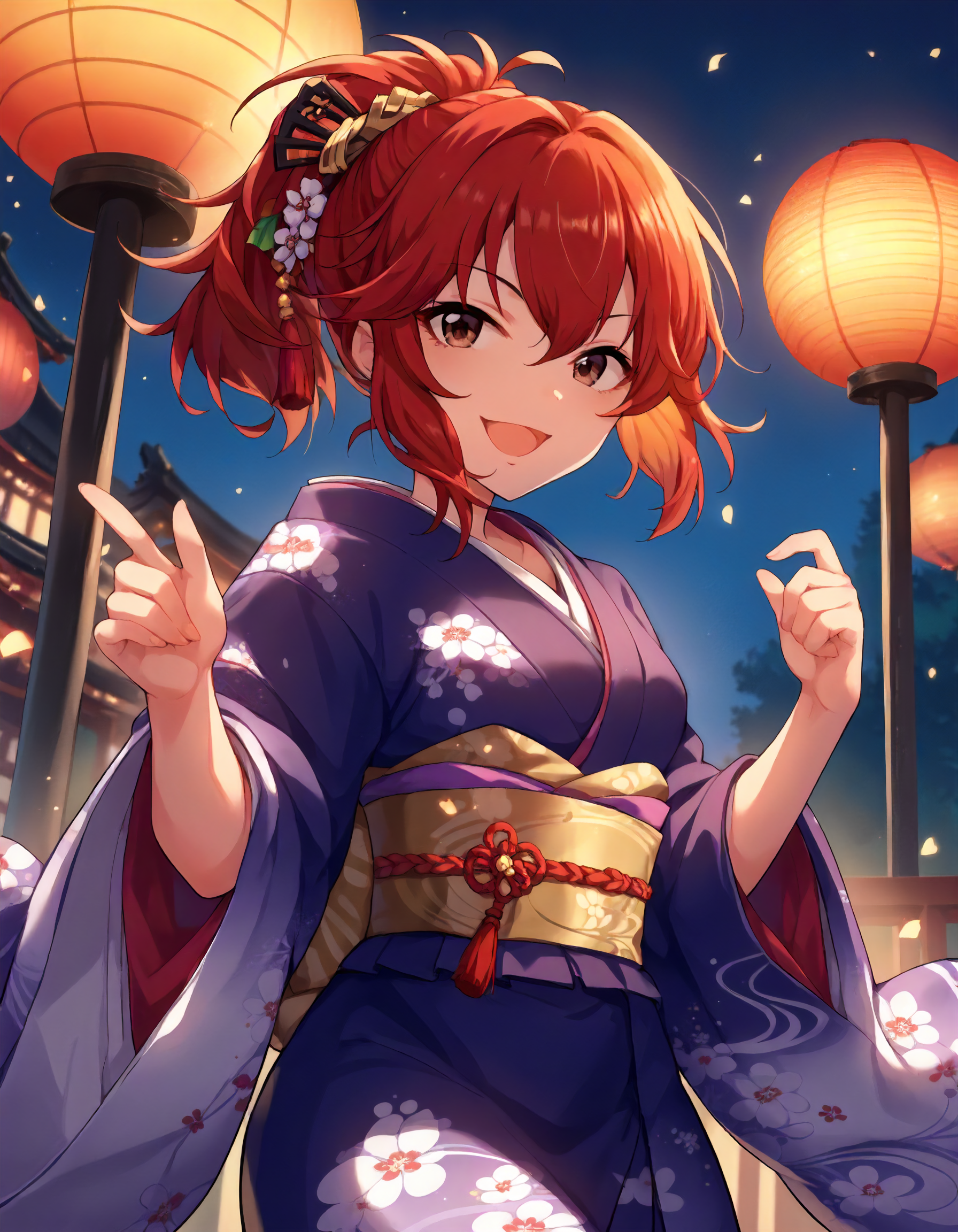 score_9,score_8_up,score_7_up,1girl,solo,cowboy shot,looking at viewer,smile,open mouth,stage lights,
<lora:murakamitomoe_ponyXLV6:0.8>,cgmrt,
red hair,ponytail,brown eyes,
kimono
