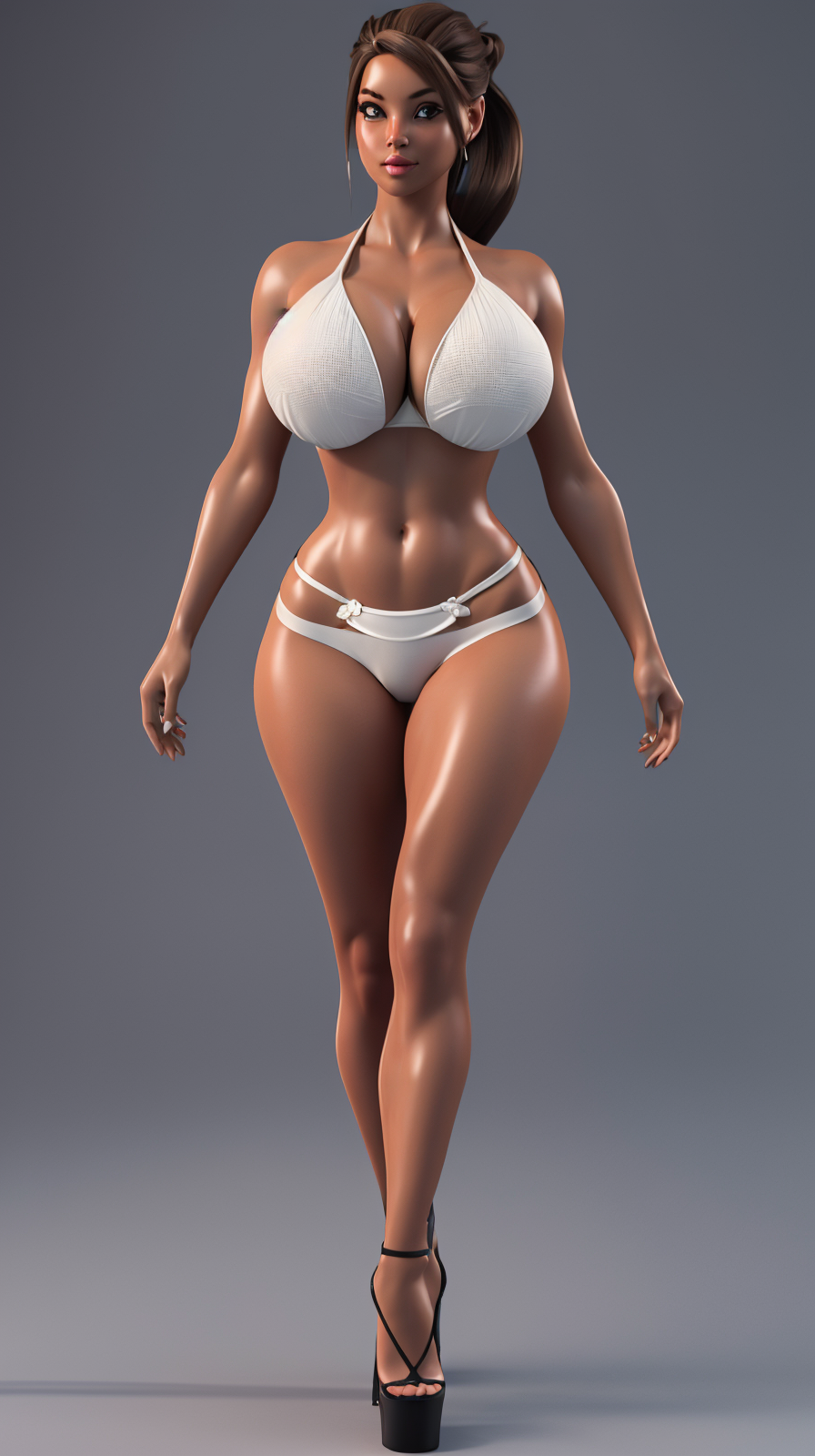 high detailed, masterpiece 1girl character in a white bikini, looking at viewer, ((perfect eyes)), high heels, perfect hands, big breast, wide hips, thick thighs, updo hair, brown hair, white skin, ultra realistic digital art, a 3D render, photorealism, taziotastyle <lora:T4zi0t4:0.8>