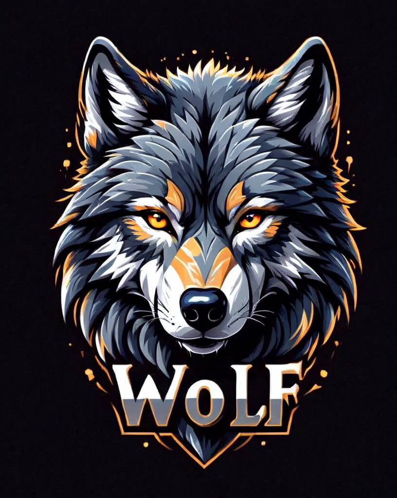 Wolf t-shirt design, text logo: WOLF, flat colors, black background, <lora:Harrlogos_v1.1:1> <lora:last:1>