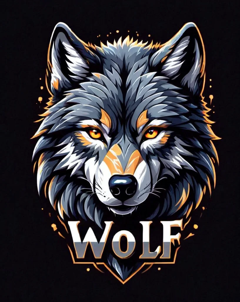Wolf t-shirt design, text logo: WOLF, flat colors, black background, <lora:Harrlogos_v1.1:1> <lora:last:1>