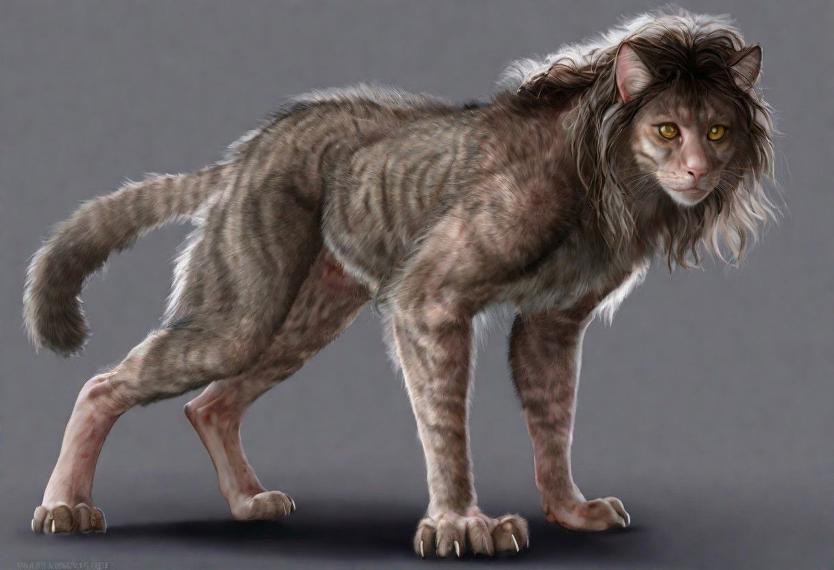 .1man,24 years old,(brown hair,long hair,wavy hair,layered hair),handsome,(transformation,species transformation:0.6) into (cat),feral transformation,confused,(realistic),full body shot,body horror,cat feet,man morphing into tabby cat,embarrassed,(realistic fur, hairy fur, wiry hair over body, dark fur,fluffy fur,(thick fur over body), detailed fur texture),claws,paws,((human eyes)),cat pupils,(((human head))),fluffy paws,on all fours,quadruped,cat arms,cat legs,cat torso,animalistic limbs,animalistic proportions,cat,