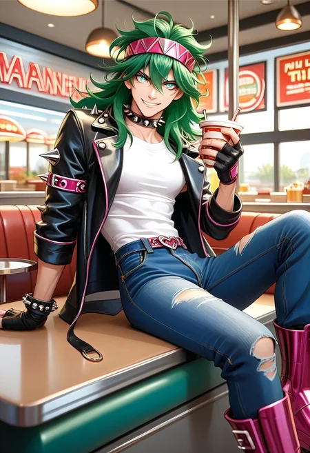score_9, score_8_up, score_7_up, source_anime, 1boy, toned male, male focus, anshun, slim, long wavy green hair. FMW1, painterly, vibrant details, (gradient eyes:1.5), black leather jacket, studded jacket, white shirt, spiked choker, torn jeans, magenta headband, magenta boots, black fingerless gloves, sitting, indoors, diner, smile