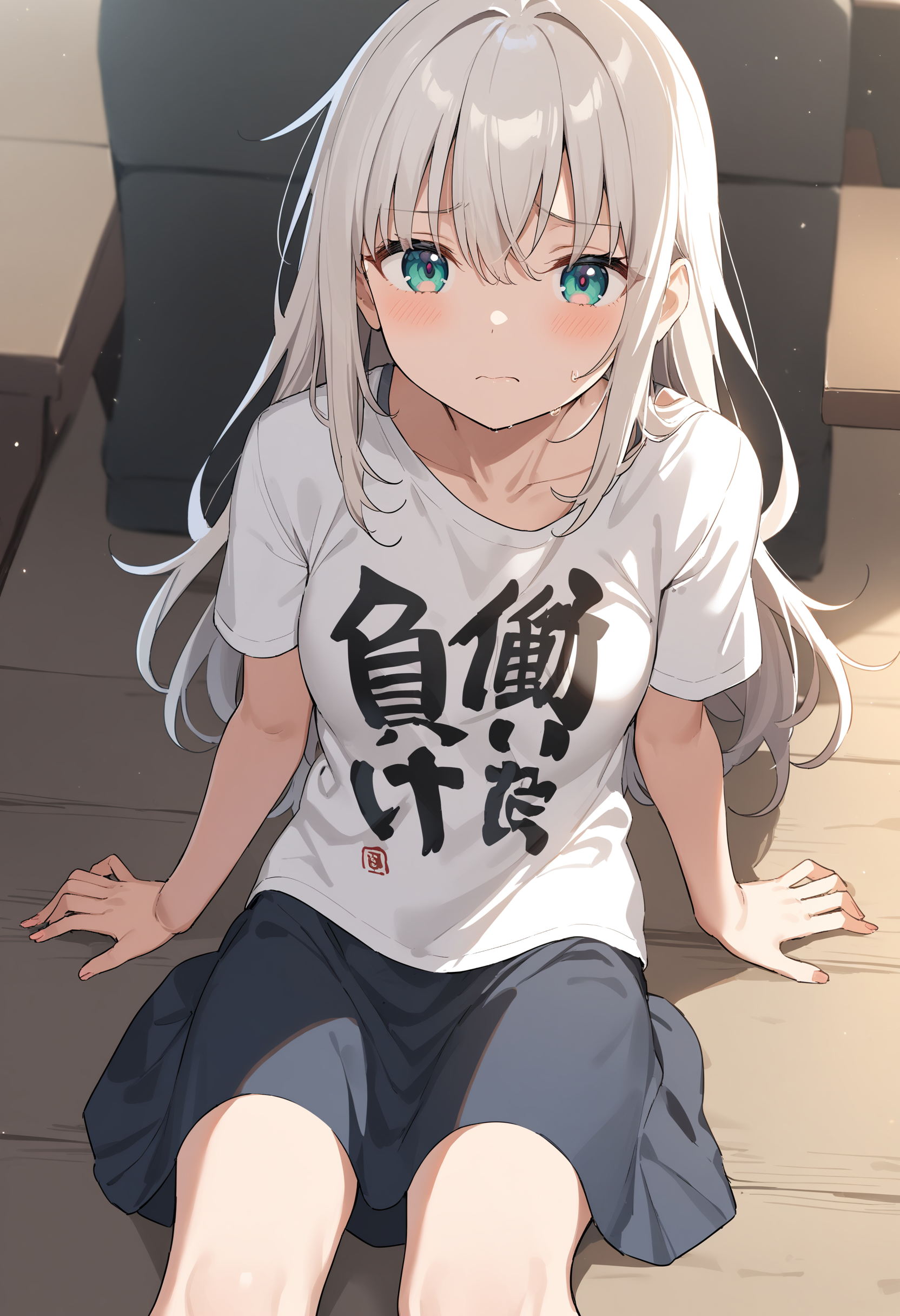 1girl,sincos, ningen mame, toosaka asagi,solo,medium breasts,school uniform,short sleeves,
you work you lose, clothes writing,  short sleeves, t-shirt, <lora:youworkyoulose_XL_v1:1>
from above, feet out of frame, looking at viewer, white hair, silver eyes,anguish, Yellowstone, closed mouth,
best quality, very aesthetic, absurdres